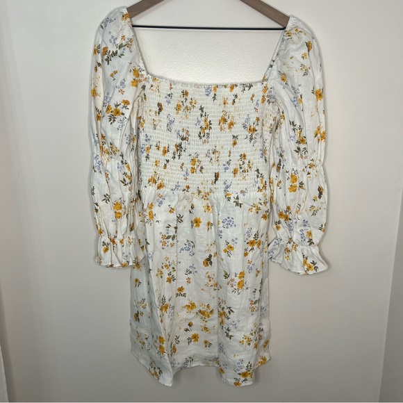 Reformation Dresses & Skirts - Reformation White Dress Size Large Floral Mini Dress Smocked Top 100% Linen